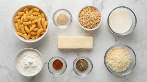 Top-down photo of fresh ingredients — uncooked macaroni, cheese, butter, milk, and seasonings arranged neatly on a marble counter.