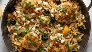 Top-down view of lemon chicken orzo with feta, olives, and herbs for Greek-style variation — bright and colorful presentation.