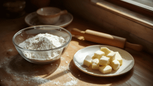 Warm, cozy kitchen counter with ingredients laid out — gluten-free flour in a bowl, cold butter cubes on a plate, a wooden rolling pin, and soft sunlight through a window.