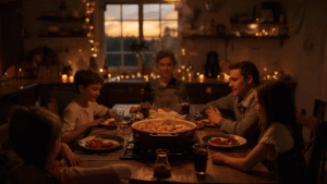 Warm kitchen at sunset, family sitting around a rustic wooden table while a big casserole dish of baked pasta steams in the center, fairy lights glowing softly.