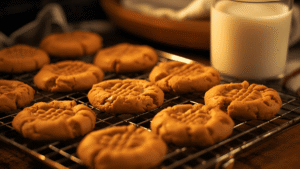 Warm peanut butter cookies fresh out of the oven, golden brown edges, soft chewy centers, cooling on a wire rack beside a glass of milk, cozy kitchen lighting.
