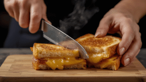 Woman cutting a steaming grilled-cheese sandwich in half with melted cheese stretching between the slices.