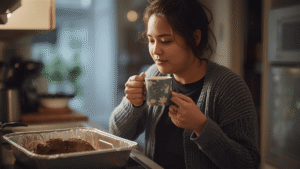 Woman in cozy kitchen with messy bun, coffee mug in hand, looking at leftover brisket in a foil pan with soft morning light.
