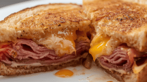 a close-up of a hot, melty Reuben sandwich cut in half with cheese oozing out.