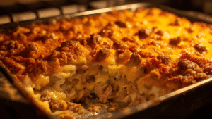 a golden-brown corned beef casserole fresh from the oven, with gooey melted cheese and crispy topping.