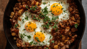a rustic skillet filled with crispy corned beef hash topped with sunny-side-up eggs and fresh herbs.