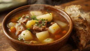 a steaming bowl of corned beef and potato soup with a slice of rustic bread on the side.