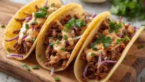 colorful tacos filled with shredded corned beef, cabbage, and creamy sauce on a wooden board.