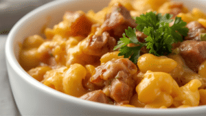 creamy mac and cheese with corned beef chunks in a white bowl topped with parsley.