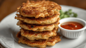 golden-brown corned beef fritters stacked on a plate with dipping sauce.