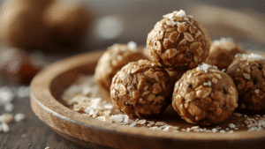 A close-up, natural daylight photo of round protein balls made with oats and chopped dates on a rustic wooden tray. Soft focus background, warm tones, sprinkled coconut on top. Realistic food photography style, not AI-looking.