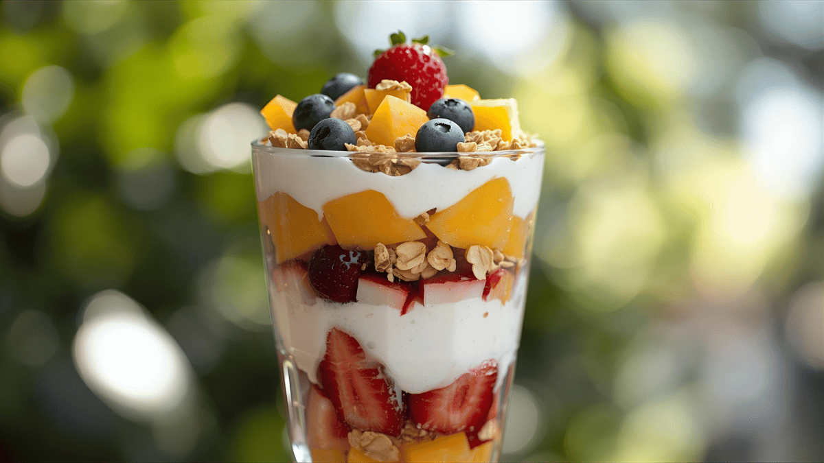 A colorful glass parfait with yogurt, granola, and fruit layers in bright daylight.