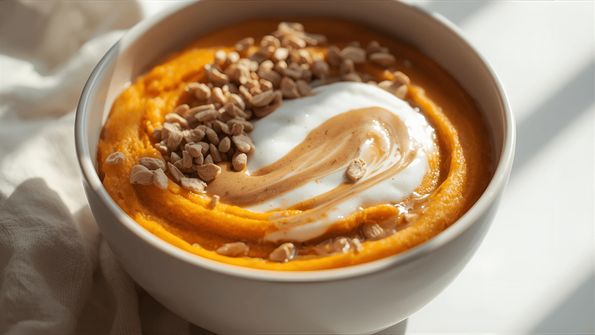 A cozy bowl with mashed sweet potato, yogurt, and peanut butter swirls, shot in natural light.