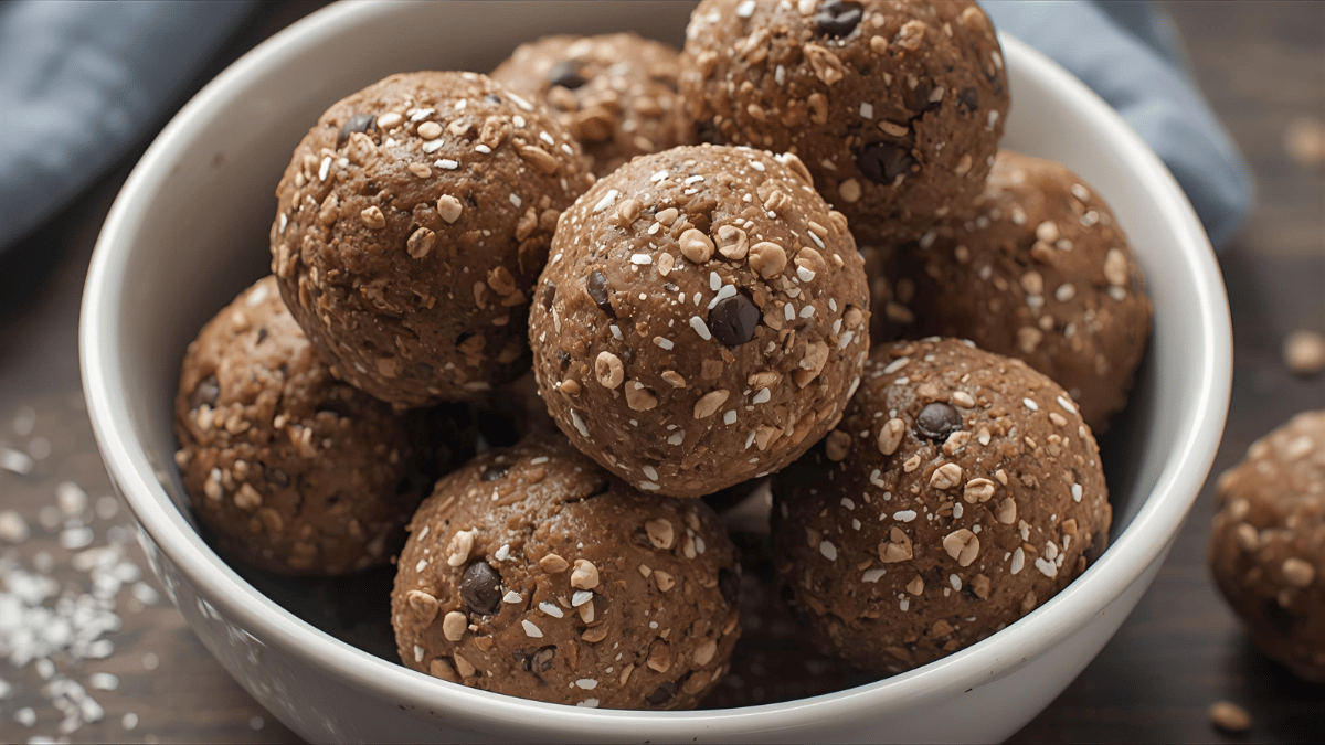 A family kitchen scene where a person is packing protein balls into a glass jar, sunlight streaming through the window. Natural, candid, lifestyle shot.
