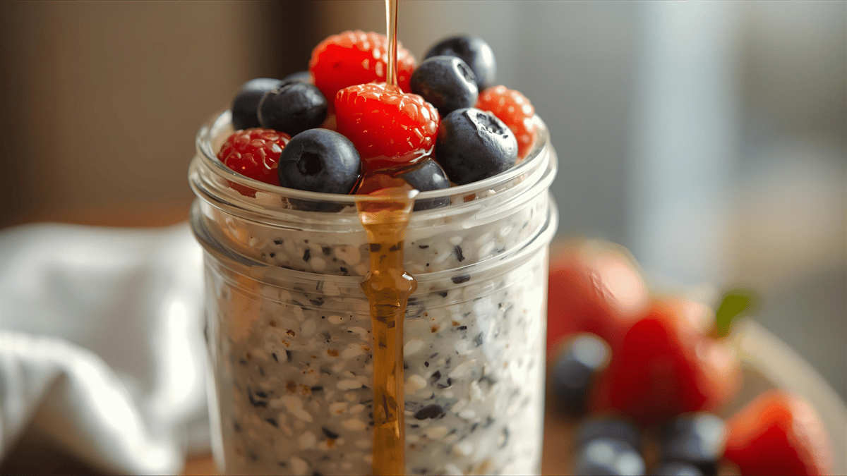 A glass jar filled with overnight oats, topped with colorful berries and honey drizzle, in soft morning light.