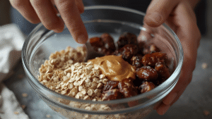A realistic close-up of hands mixing oats, dates, and peanut butter in a glass bowl. Natural daylight, focus on texture and ingredients.