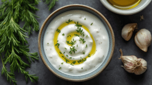 A small bowl of creamy yogurt sauce with fresh dill, garlic, and a drizzle of olive oil on a rustic kitchen counter.