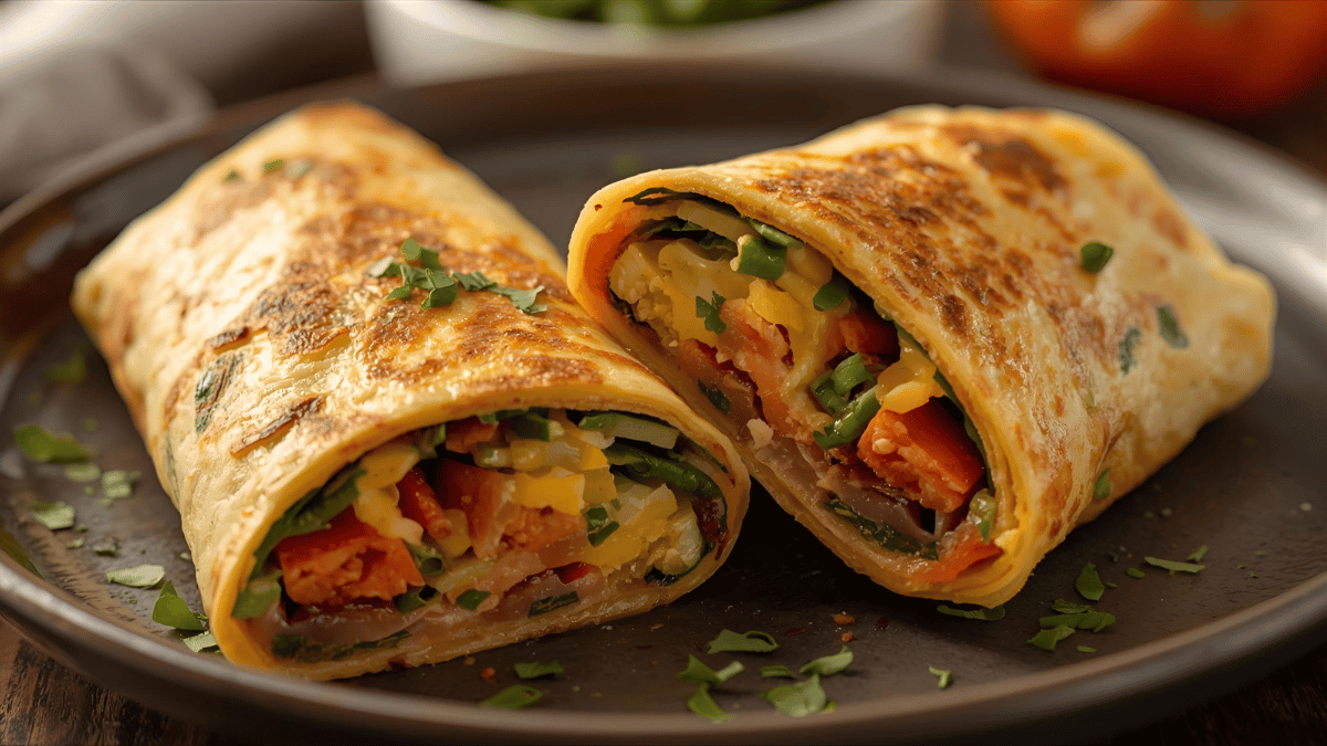 A warm veggie omelette wrap sliced open to show colorful vegetables inside.