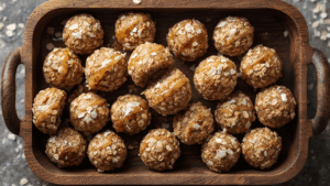 A wooden tray filled with neatly rolled oat and date protein balls, garnished with a drizzle of honey and coconut flakes. Bright, airy kitchen setting, professional food photography style.