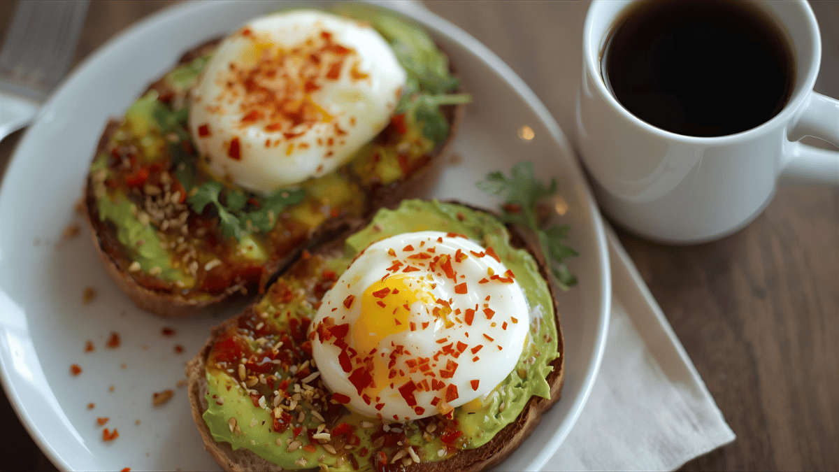 Avocado toast topped with poached eggs and chili flakes, placed beside a cup of coffee.