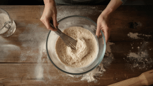 Baker mixing dry ingredients for bread in a bowl, overhead view, soft warm kitchen lighting.