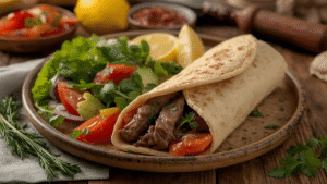Beef pita wrap served on a rustic plate with a side salad, lemon wedges, and fresh herbs in a cozy kitchen setting.