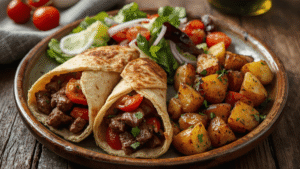 Beef pita wraps served on a rustic plate with fresh salad and roasted potatoes on the side, cozy kitchen background.
