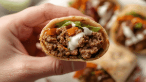 Close-up of a hand holding a beef pita wrap, bite taken, showing layers of beef, vegetables, and creamy yogurt sauce.