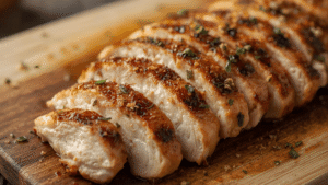 Close-up of sliced grilled chicken on a wooden board, seasoned with paprika, oregano, garlic, and lemon juice. Bright kitchen lighting.