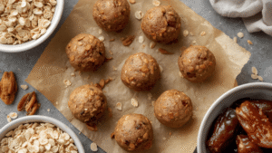 Close-up photo of no-bake energy balls arranged on parchment paper, sprinkled with oats, surrounded by bowls of nuts and dates, realistic texture and lighting, minimal background, professional food photography.