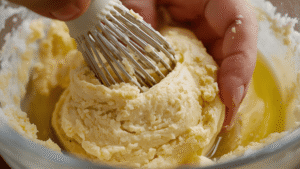 Close-up shot of olive oil dough being mixed by hand, soft texture, warm sunlight from window, emotional comforting vibe, minimal natural food photography.