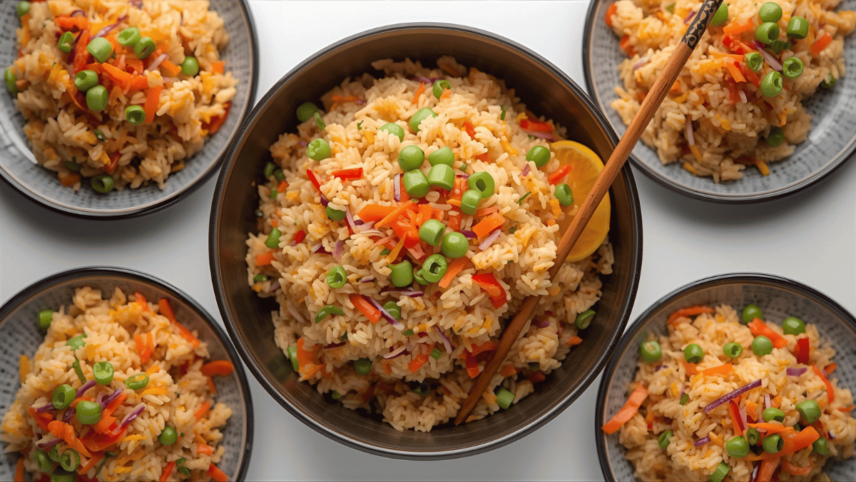 Colorful homemade fried rice served in a large family bowl with chopsticks and small serving plates around.