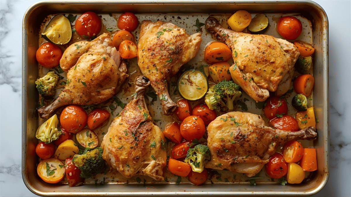 Colorful sheet pan chicken and roasted vegetables fresh from the oven, bright natural lighting, healthy student meal aesthetic.