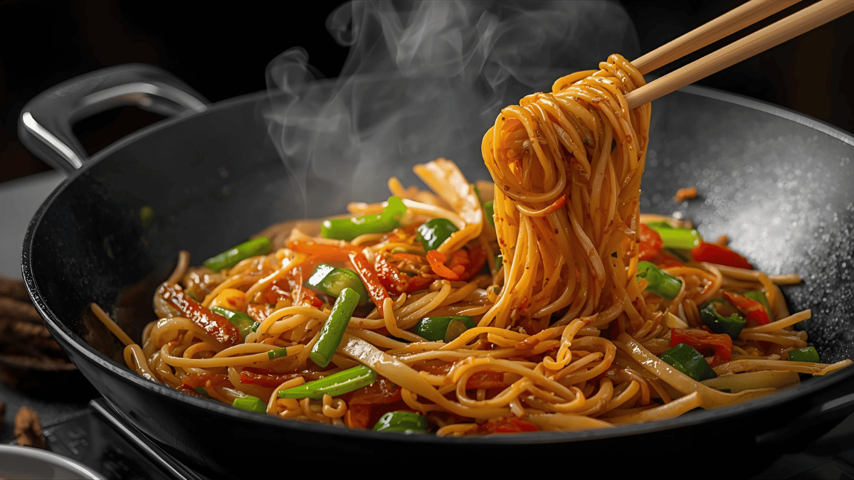 Colorful stir-fried noodles in a wok, with fresh vegetables and chopsticks.