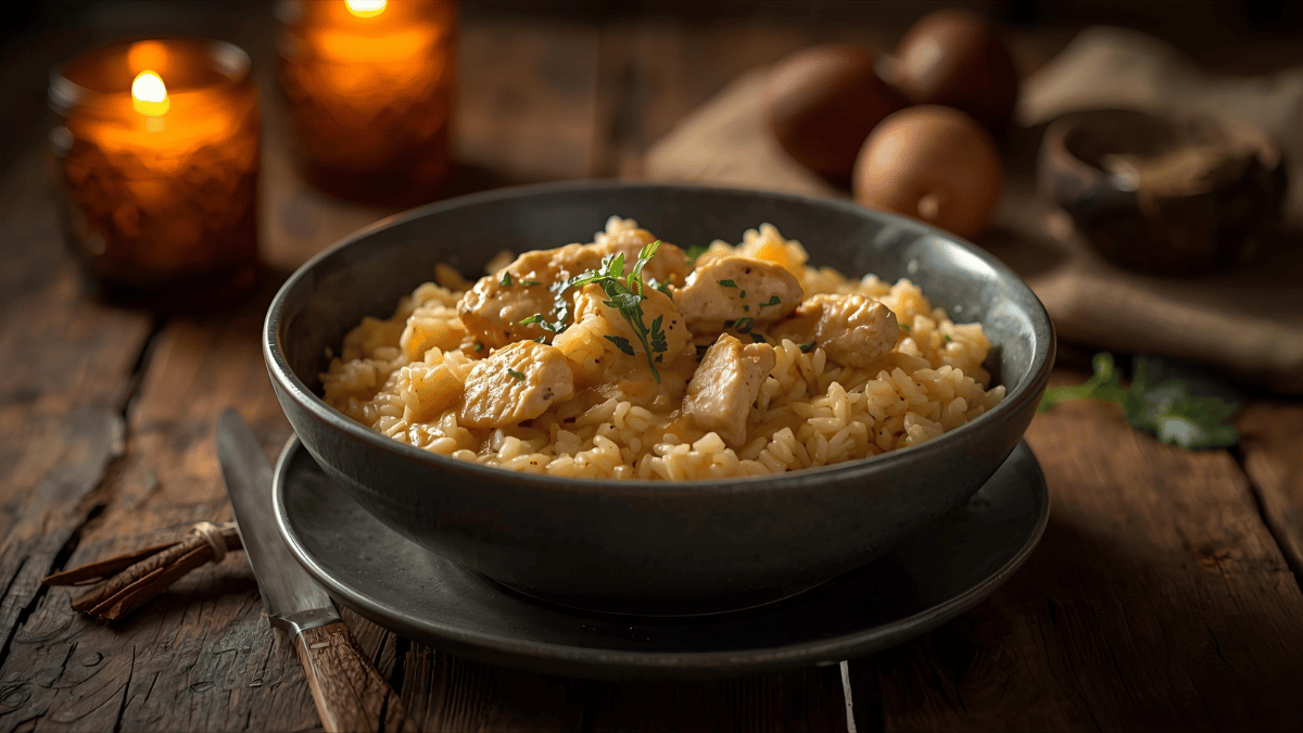 Creamy chicken and rice in a matte ceramic bowl, soft golden lighting, steam rising, rustic wooden table, creamy texture visible, cozy evening mood, DSLR overhead shot.