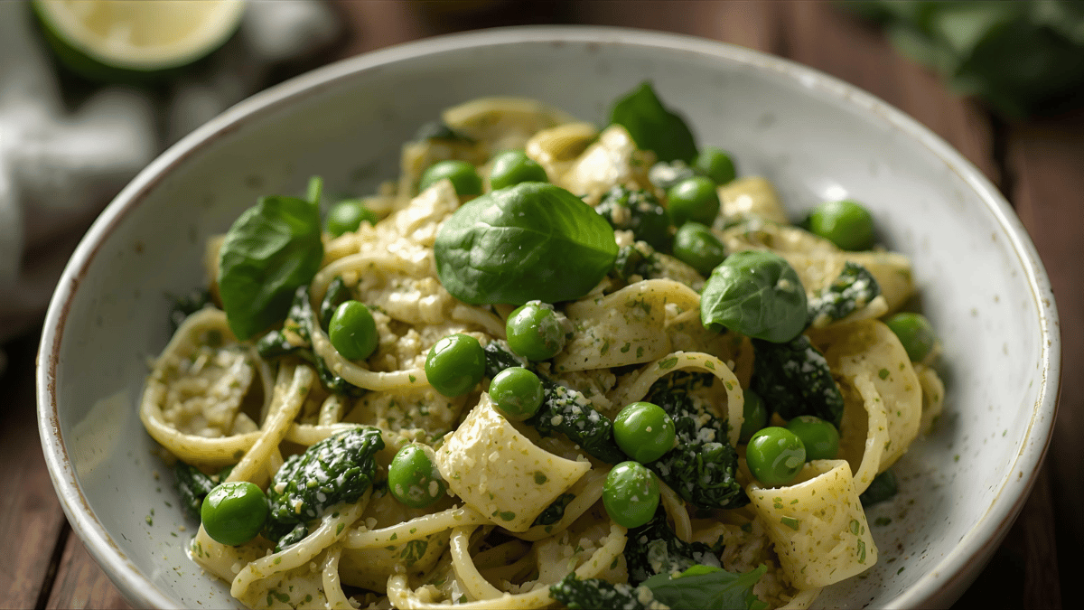 Creamy pesto pasta with peas and spinach, warm cozy student dinner, close-up shot with soft lighting.