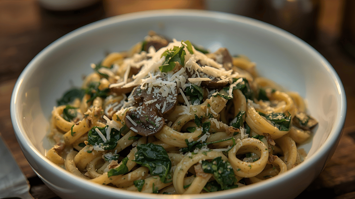 Creamy spinach and mushroom pasta in a white bowl, topped with cheese and herbs, warm evening light.