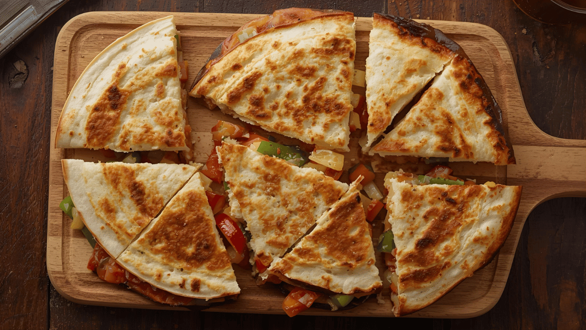 Crispy golden quesadillas stuffed with vegetables and melted cheese, sliced into triangles on a wooden board.