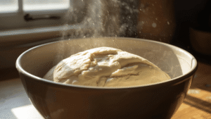 Dough rising in a bowl, doubled in size, sunlight coming through the window, cozy homemade baking feel.