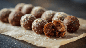 Energy balls lined up neatly on parchment paper, chilled, slight condensation, realistic shadows, minimalistic white kitchen background, close-up composition, lifestyle aesthetic.
