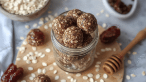 Final shot of finished no-bake energy balls in a glass jar on a kitchen table, surrounded by oats, dates, and a honey dipper. Soft natural light, lifestyle photography, photo-realistic composition.