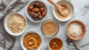 Flat lay photo of ingredients on a kitchen counter: rolled oats, dates, peanut butter, flaxseed, honey, and shredded coconut in small bowls. Natural lighting, lifestyle food blog composition.