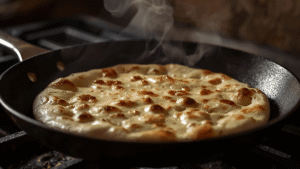 Flatbread cooking in a hot skillet, golden spots forming, steam rising, moody warm lighting, dramatic food photography.