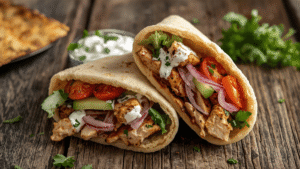 Fresh chicken pita cut in half, filled with grilled chicken, cucumber, cherry tomatoes, red onion, lettuce, and creamy yogurt sauce. Rustic wooden table, natural daylight, food photography style.