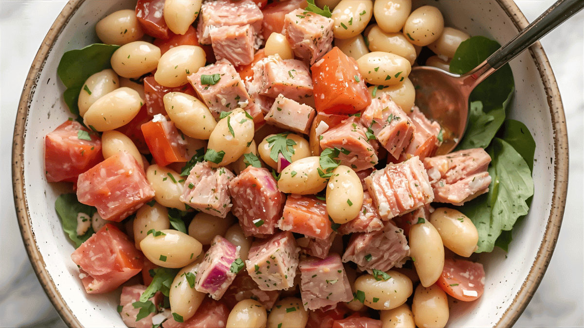 Fresh tuna and white bean salad in a simple bowl, bright healthy look, student meal vibe.