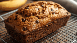Freshly baked banana bread loaf cooling on a wire rack, golden crust, melted chocolate chips visible, cozy natural lighting.