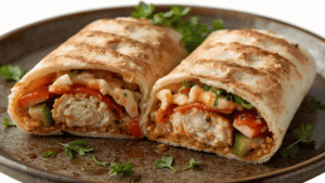 Fully assembled chicken pita cut in half, showing chicken, vegetables, and sauce. Rustic plate with parsley garnish.