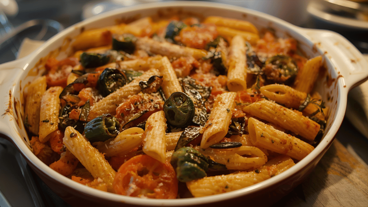 Golden baked pasta with colorful vegetables, served in a family-style dish on a cozy dinner table.