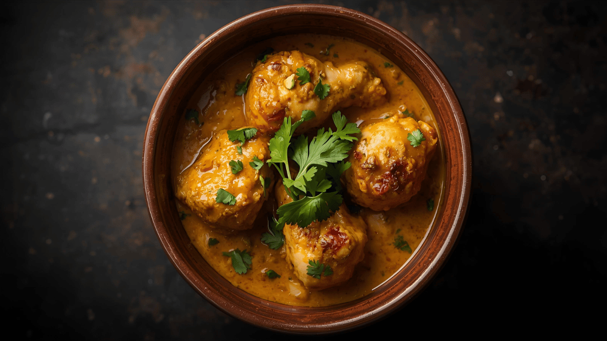 Golden chicken curry in a ceramic bowl, coriander on top, warm moody lighting, soft textures, DSLR food photography.