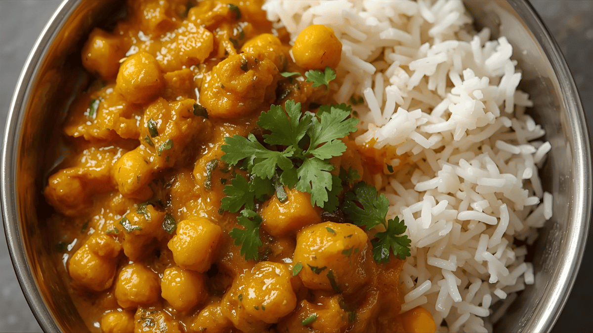 Golden chickpea curry in a bowl with steamed rice, garnished with cilantro.